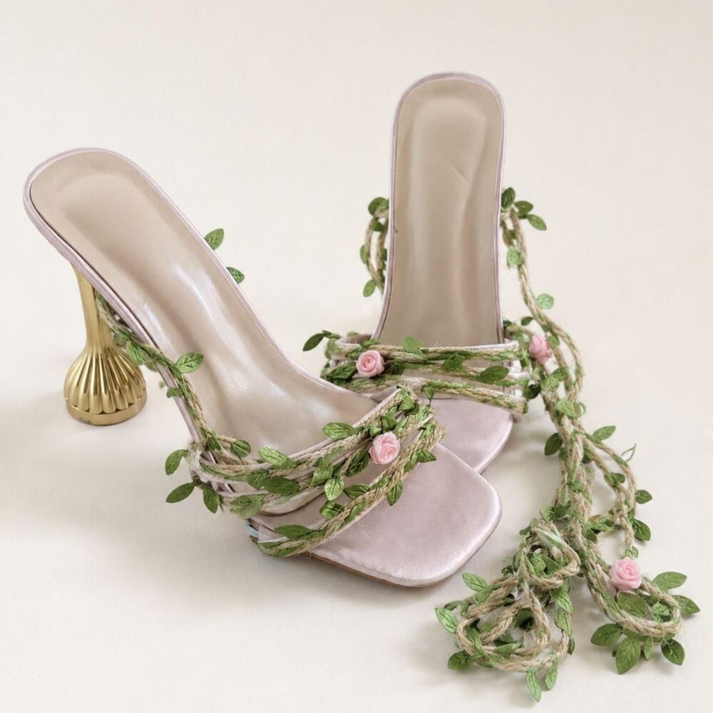 Blush Pink Floral Vine Lace-Up Heels – Size EU 39